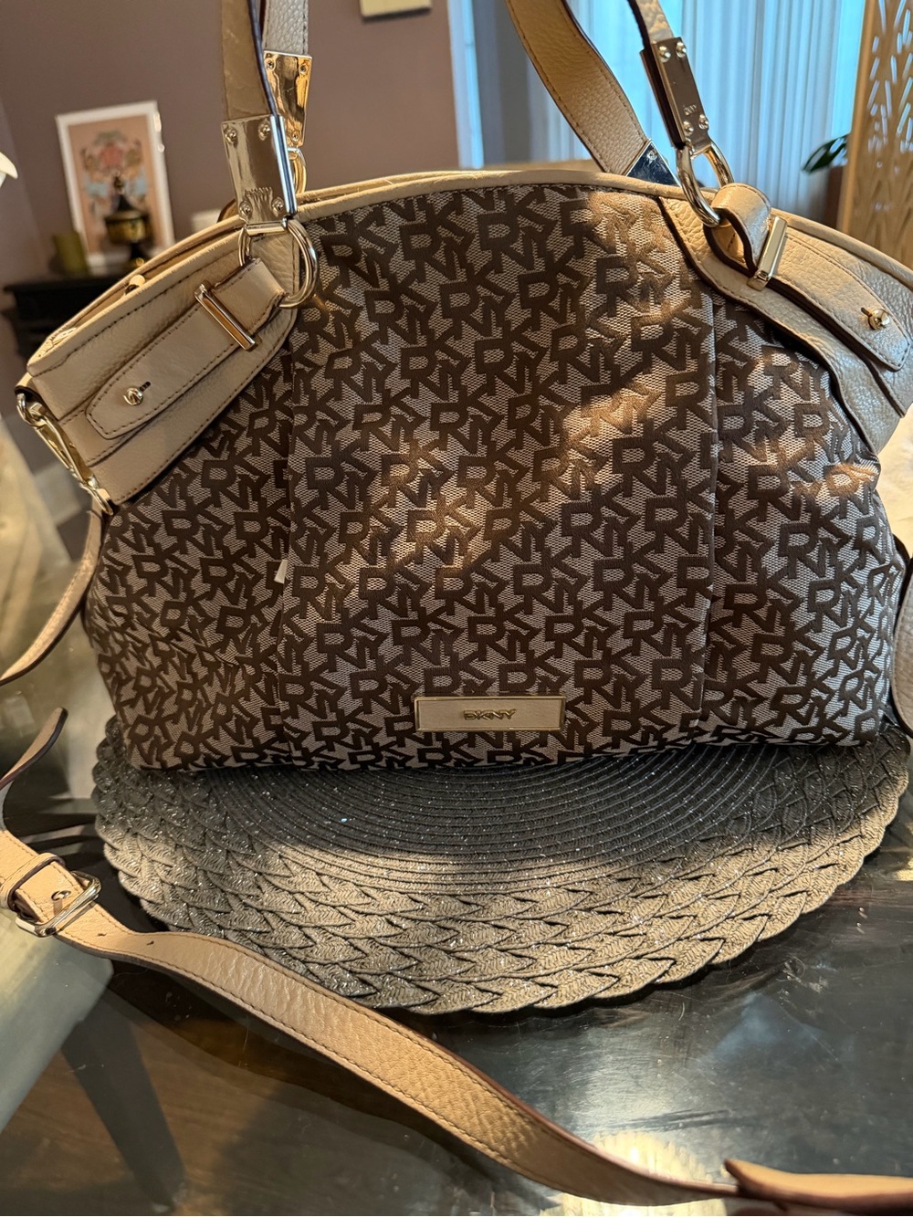 DKNY Brown Monogram Tote with Beige Trim